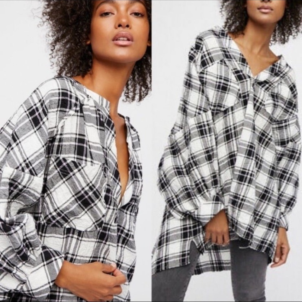 Free People Black and White Plaid Tunic Top